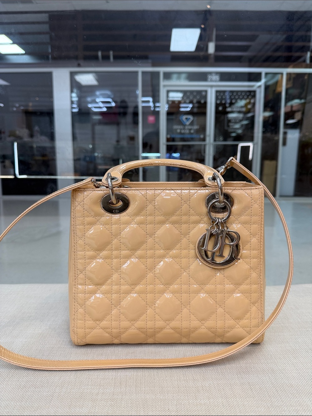 Dior Beige Patent Lady Dior Medium Crossbody with Cannage Quilting